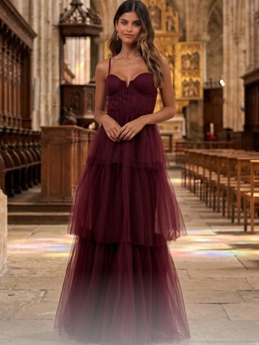 New Lulu's Unforgettable Poise Burgundy Tiered Tulle Maxi Dress Sz XL